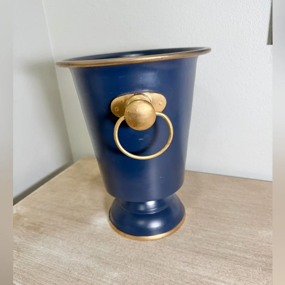 Jaye’s Studio Ice Bucket Colorblock Navy Blue Gold Handle Heavy Base Luxury Home